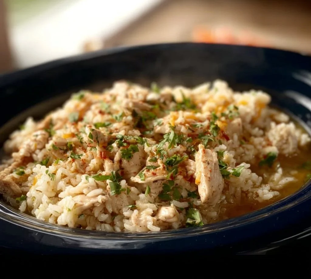 Crock Pot Chicken and Rice prepared with fresh ingredients in a slow cooker