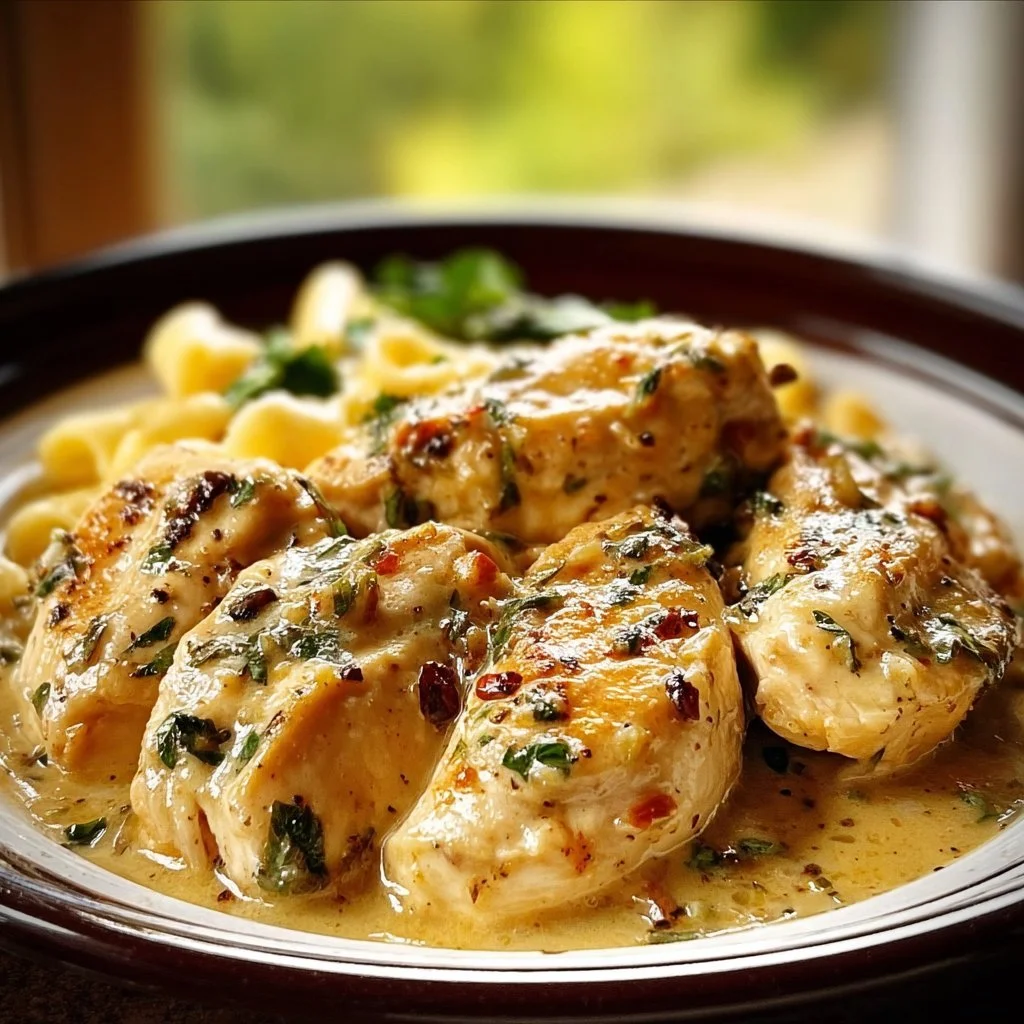 Crockpot Olive Garden Chicken served with pasta and herbs