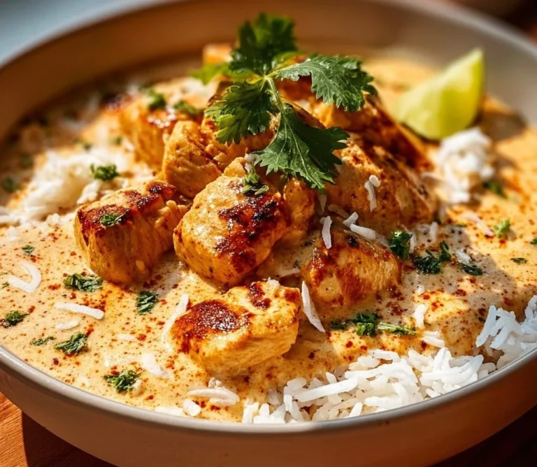 Delicious Coconut Chicken Rice bowl with chicken, coconut, and fresh herbs
