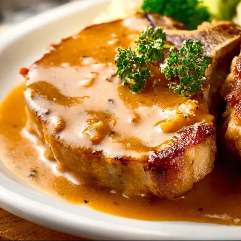 Juicy baked pork chops in gravy served on a plate with side dishes