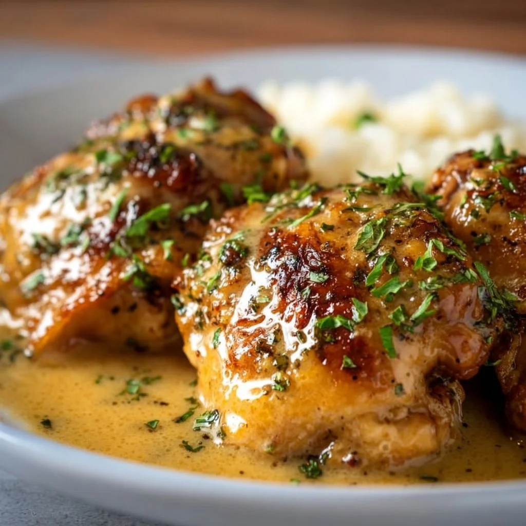 Easy Crockpot chicken thighs with creamy gravy served on a plate.