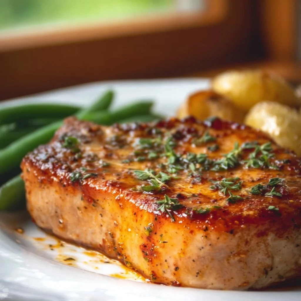 Easy oven baked pork chops served on a plate with herbs and spices.