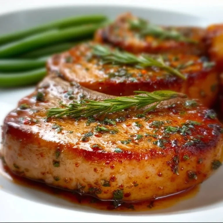 Easy oven baked pork chops with herbs and spices on a wooden cutting board.