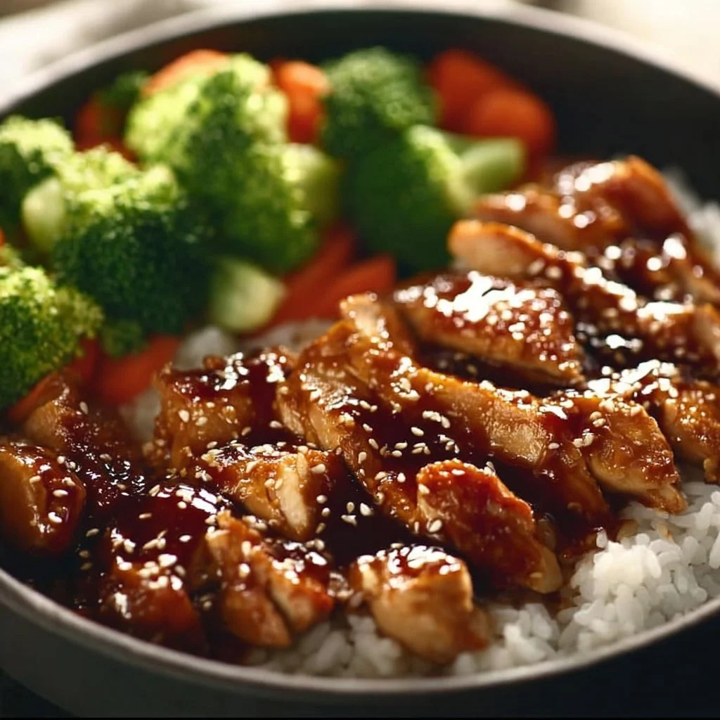 Easy teriyaki chicken dish served with rice and vegetables