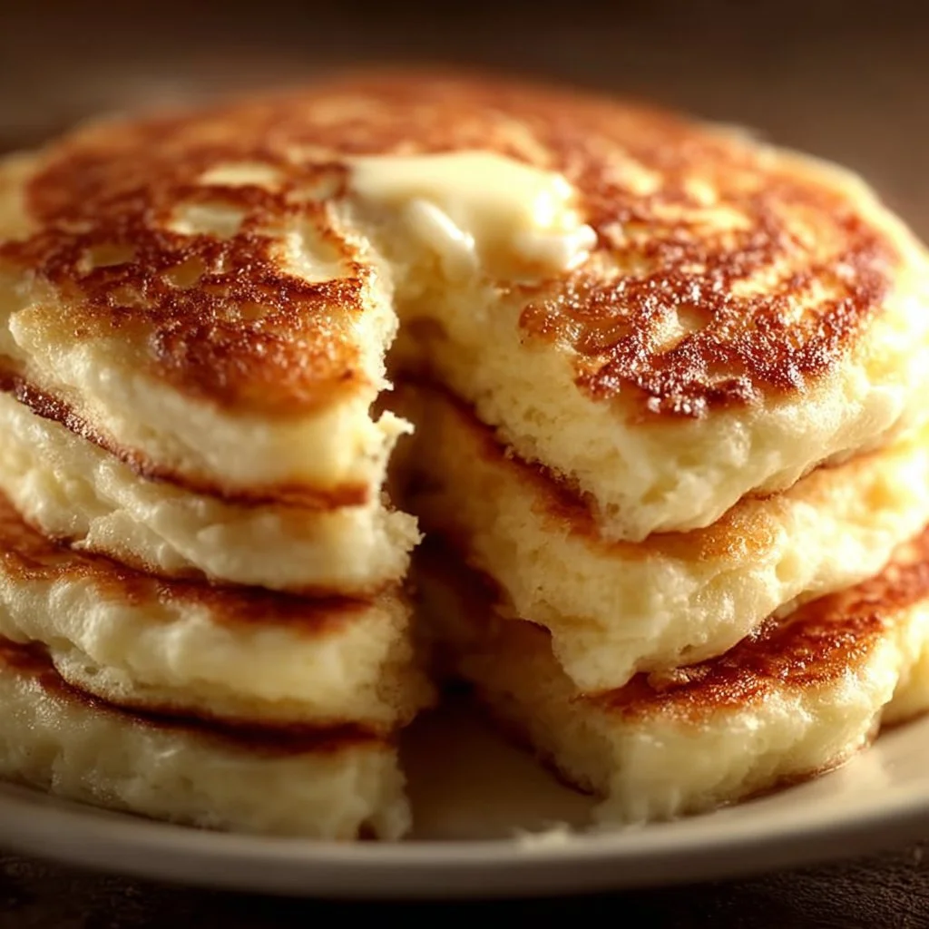 Flourless cottage cheese pancakes stacked on a plate with fresh berries.
