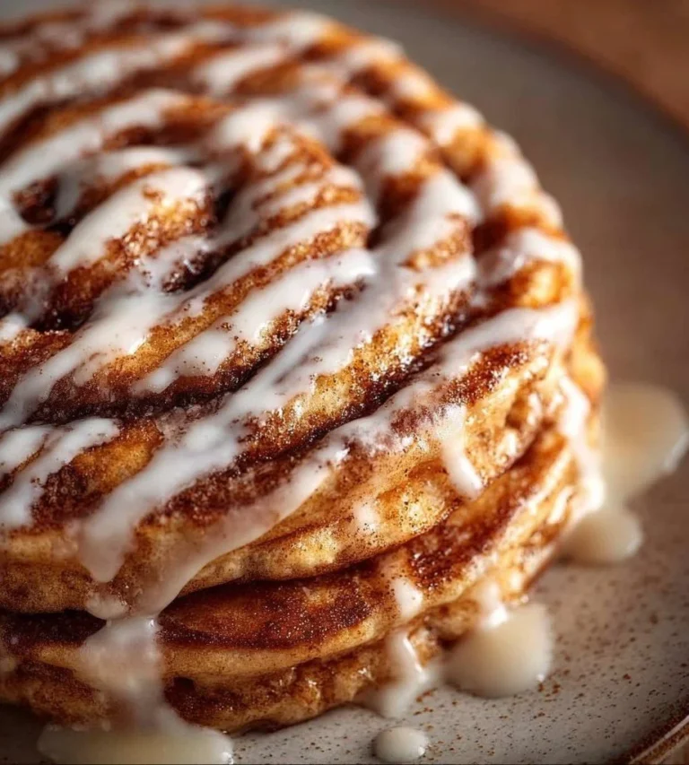 Delicious fluffy cinnamon roll pancakes topped with icing and cinnamon swirl