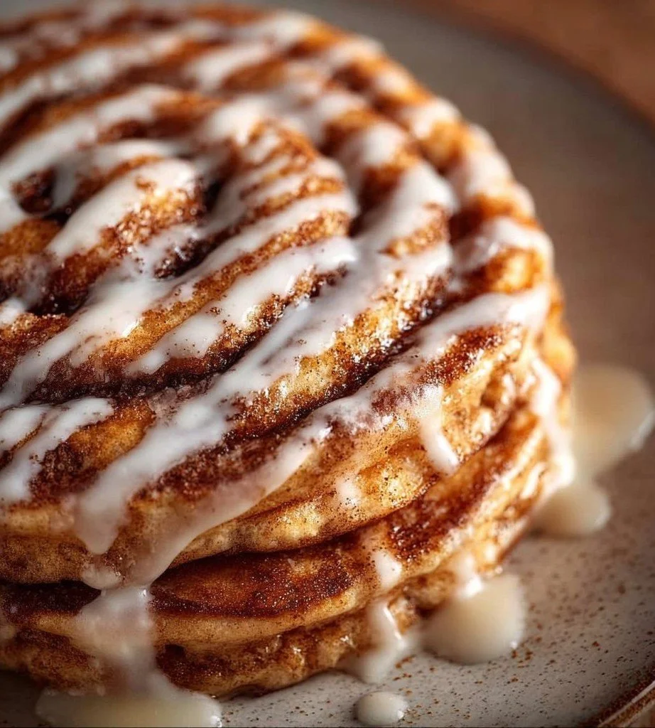 Delicious fluffy cinnamon roll pancakes topped with icing and cinnamon swirl