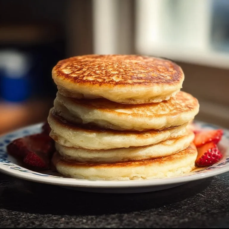 Stack of fluffy gluten-free pancakes with syrup and berries on a plate