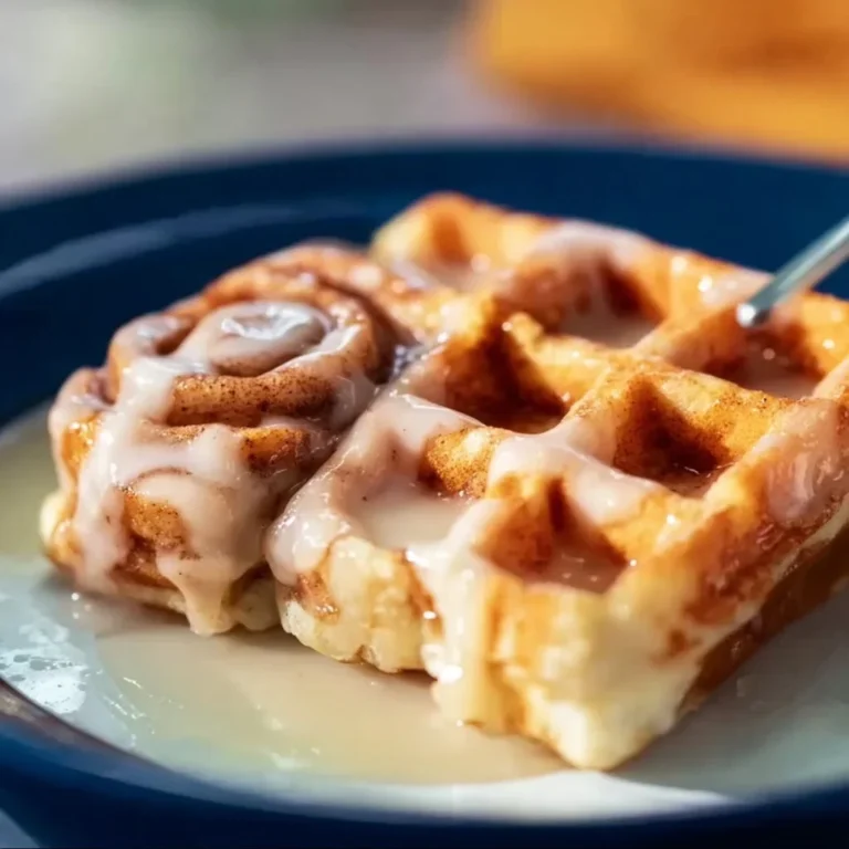 Gluten free cinnamon roll waffles topped with icing and warm cinnamon flavor