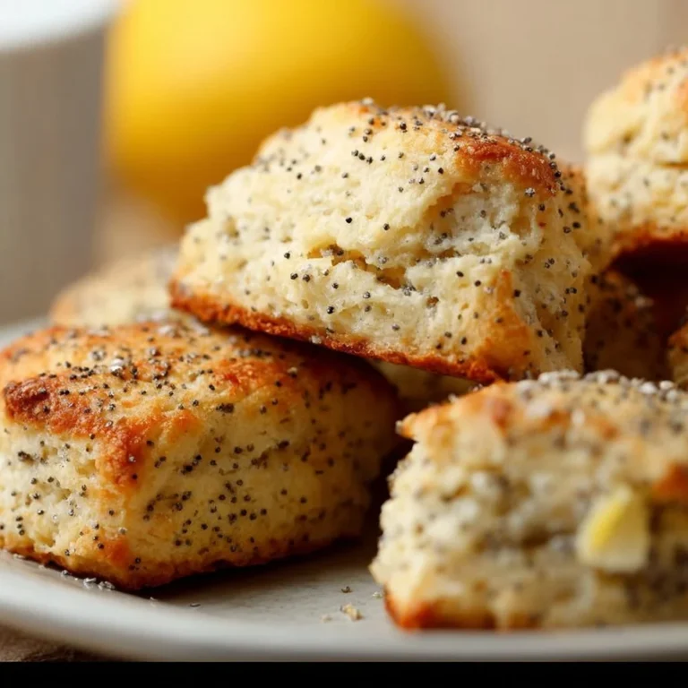 Gluten free lemon poppyseed scones on a wooden table with lemon slices.