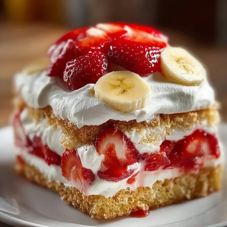 Delicious half strawberry shortcake half banana pudding cake served on a plate