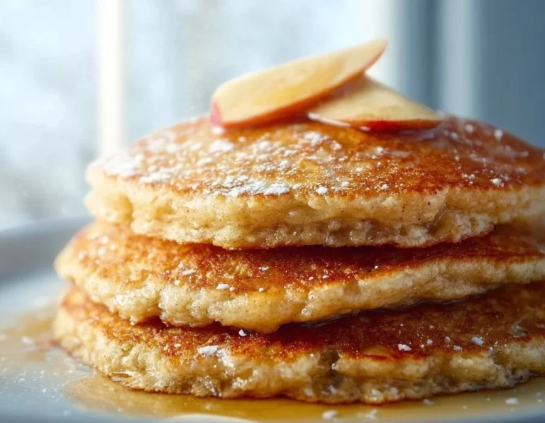 Healthy oatmeal apple pancakes on a plate with fresh apples and syrup
