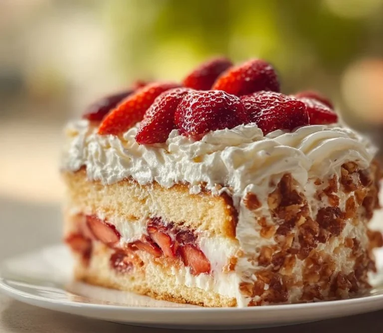 Delicious Heaven on Earth Cake topped with whipped cream and cherries
