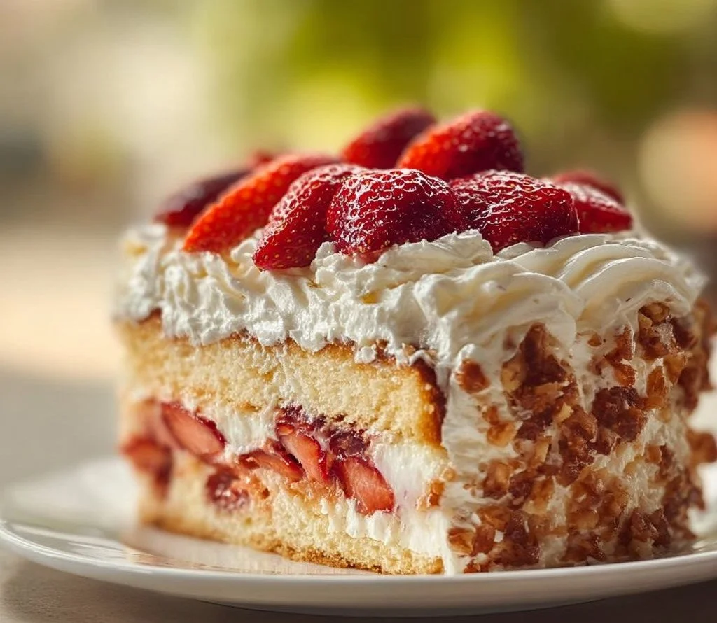 Delicious Heaven on Earth Cake topped with whipped cream and cherries