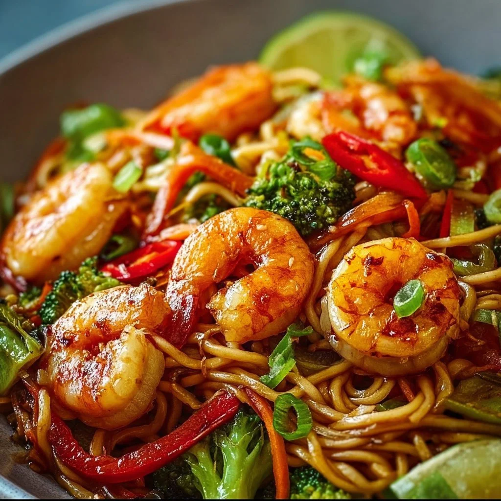 High-protein one-pan shrimp stir fry with noodles and colorful vegetables