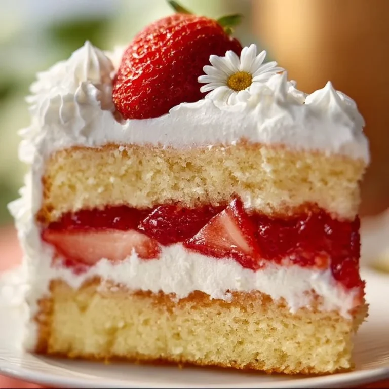 Delicious strawberry shortcake cake topped with fresh strawberries and whipped cream.