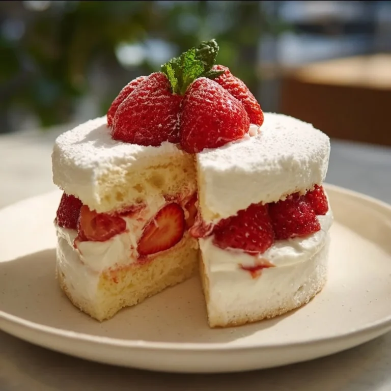 Delicious Japanese strawberry shortcake topped with fresh strawberries and cream