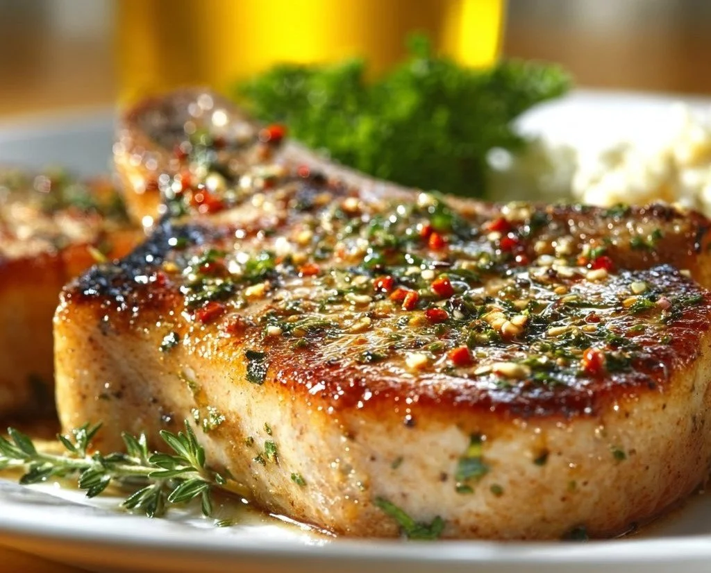 Juicy baked pork chops seasoned and cooked to perfection on a plate.