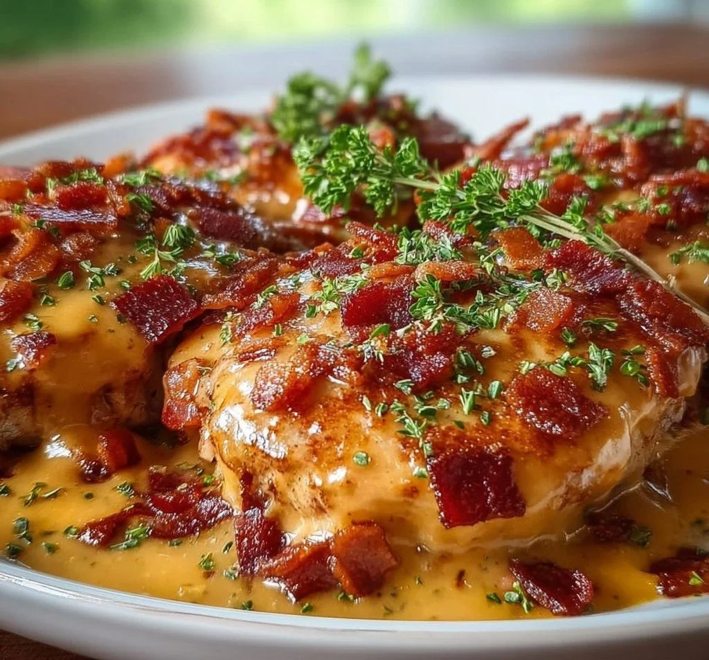 Loaded pork chops drizzled with cheddar bacon sauce on a plate