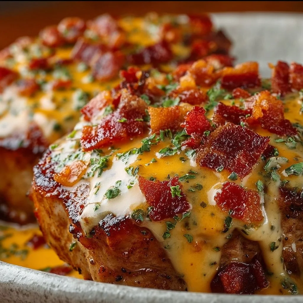 Loaded Pork Chops with Cheddar Bacon Sauce