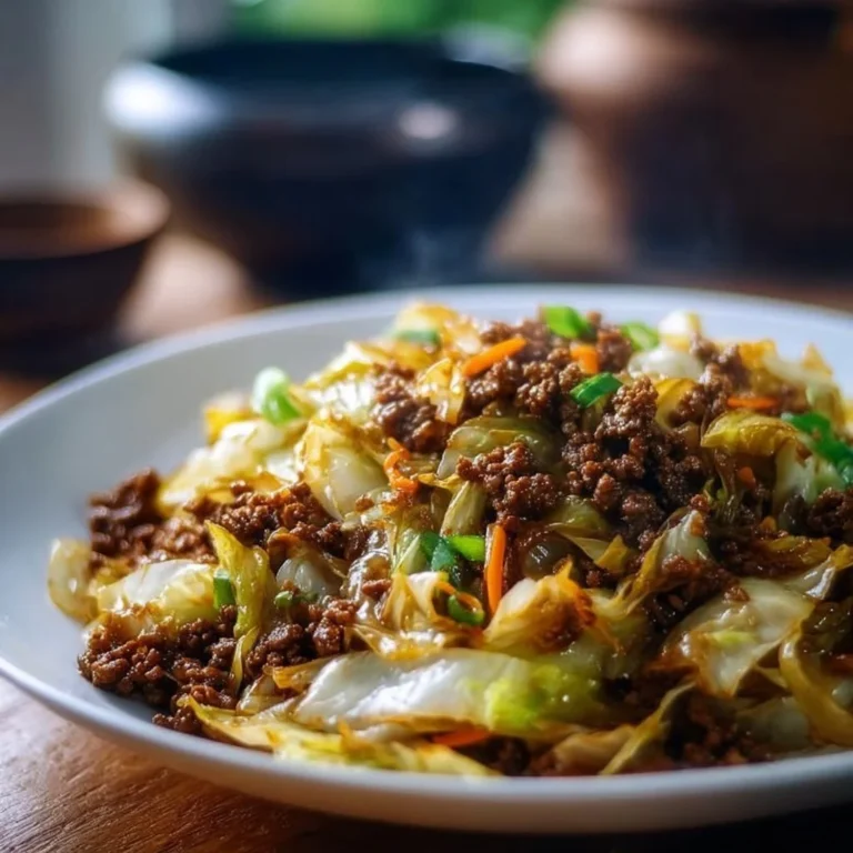 Low Carb Mongolian Ground Beef served with cabbage
