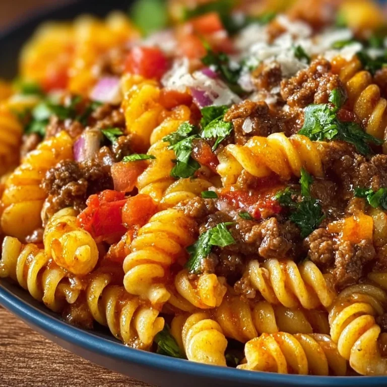 One Pot Beef Taco Pasta served in a bowl with toppings