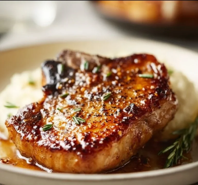 Pan-seared brown sugar pork chops with a glaze on a white plate