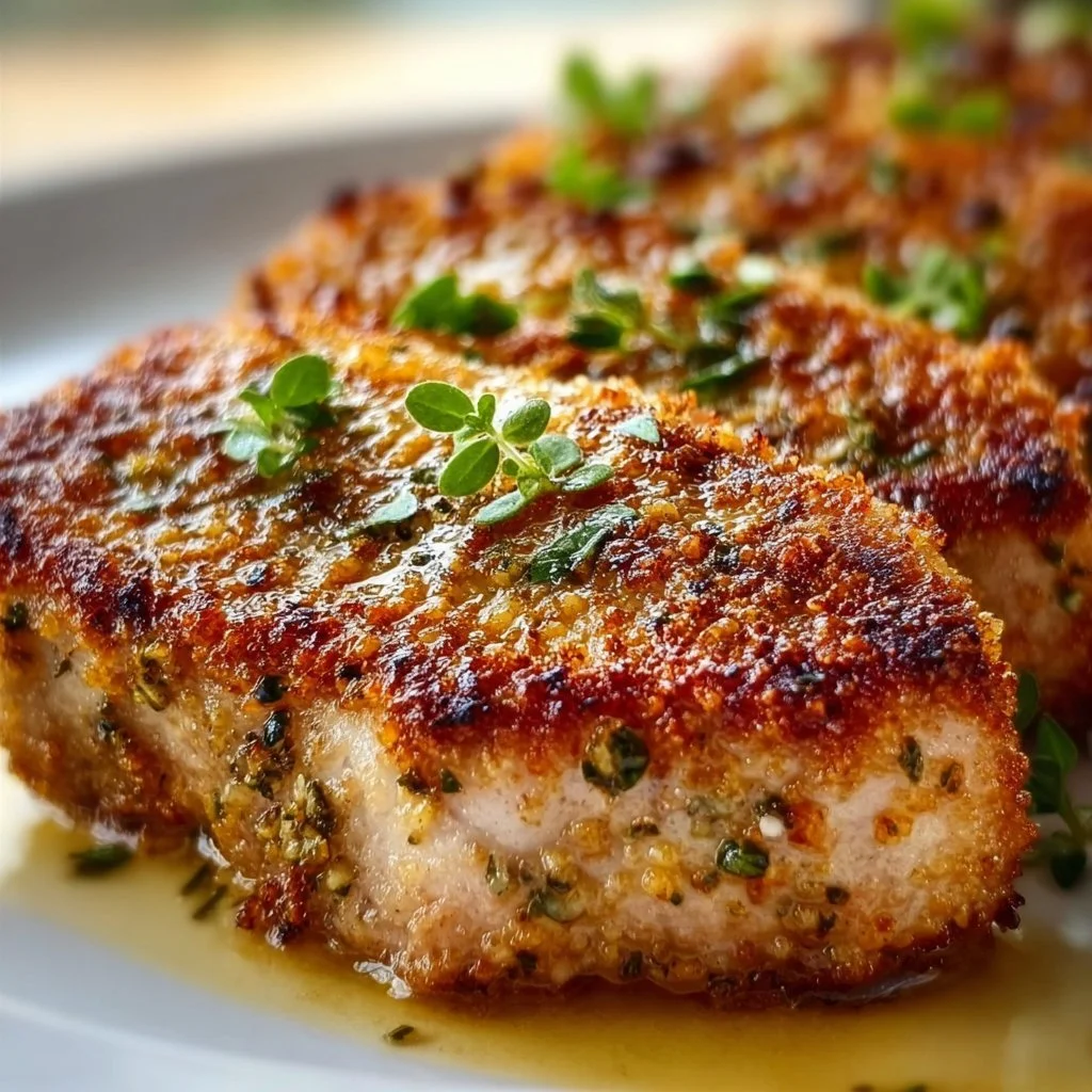 Tasty Parmesan Crusted Pork Chops served with herbs and vegetables on a plate