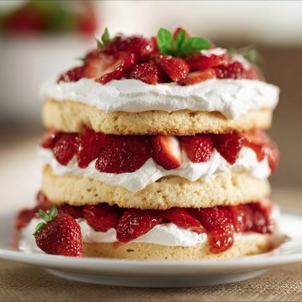 Delicious Paula Deen strawberry shortcake topped with fresh strawberries and whipped cream.