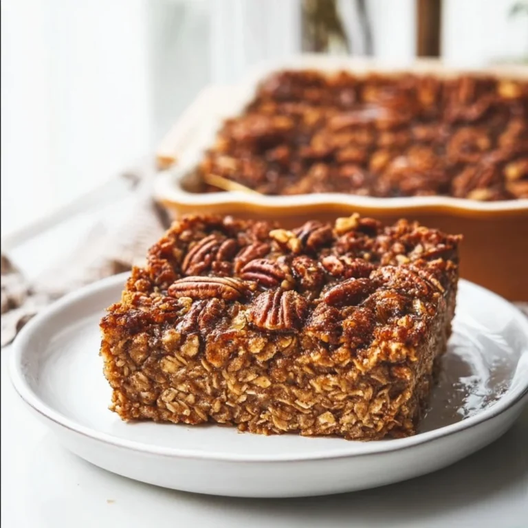 Bowl of pecan pie baked oatmeal topped with pecans and syrup