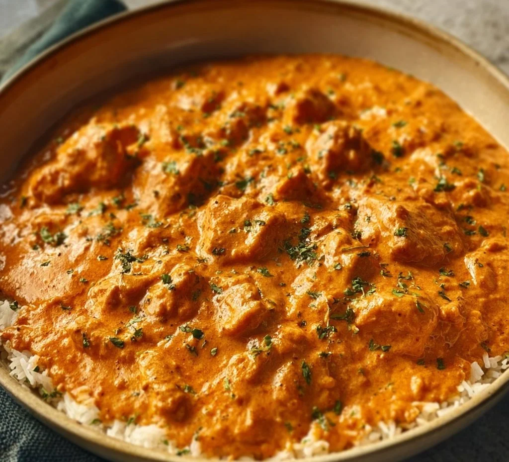Delicious homemade butter chicken served with rice and naan bread