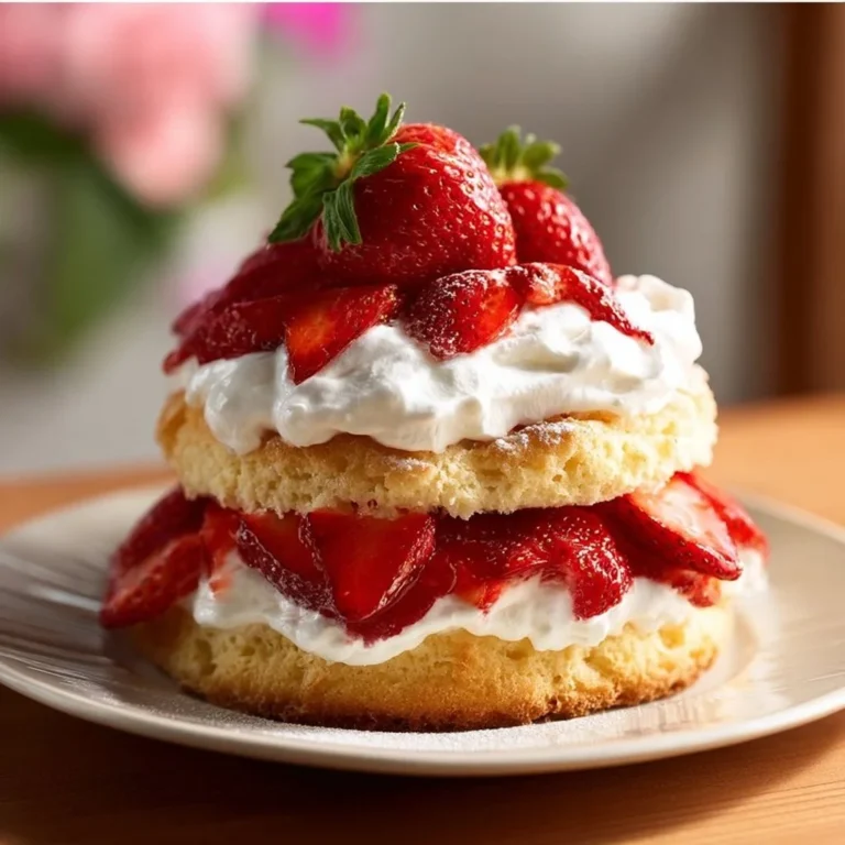 Delicious quick strawberry shortcake topped with fresh strawberries and whipped cream.