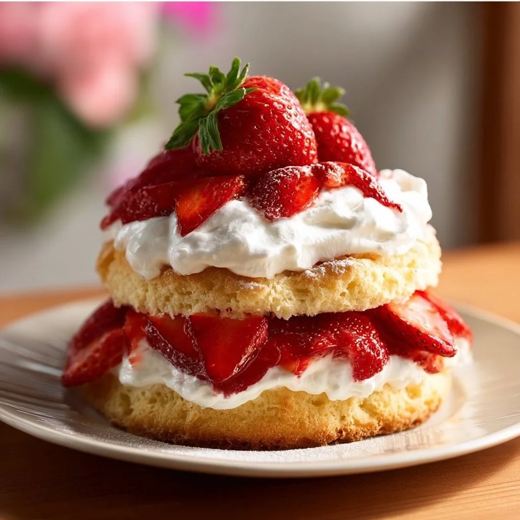 Delicious quick strawberry shortcake topped with fresh strawberries and whipped cream.