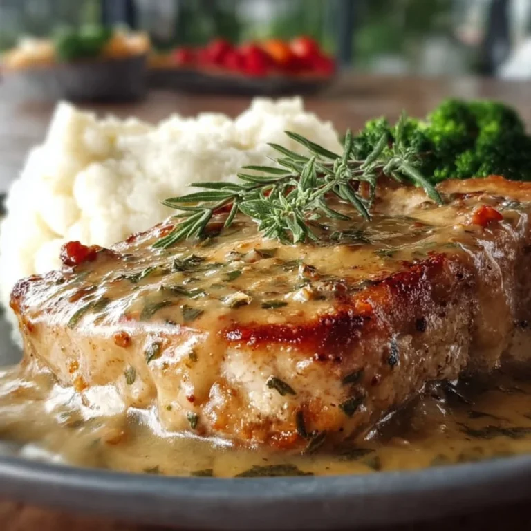 Delicious ranch pork chops served on a plate with herbs and seasoning