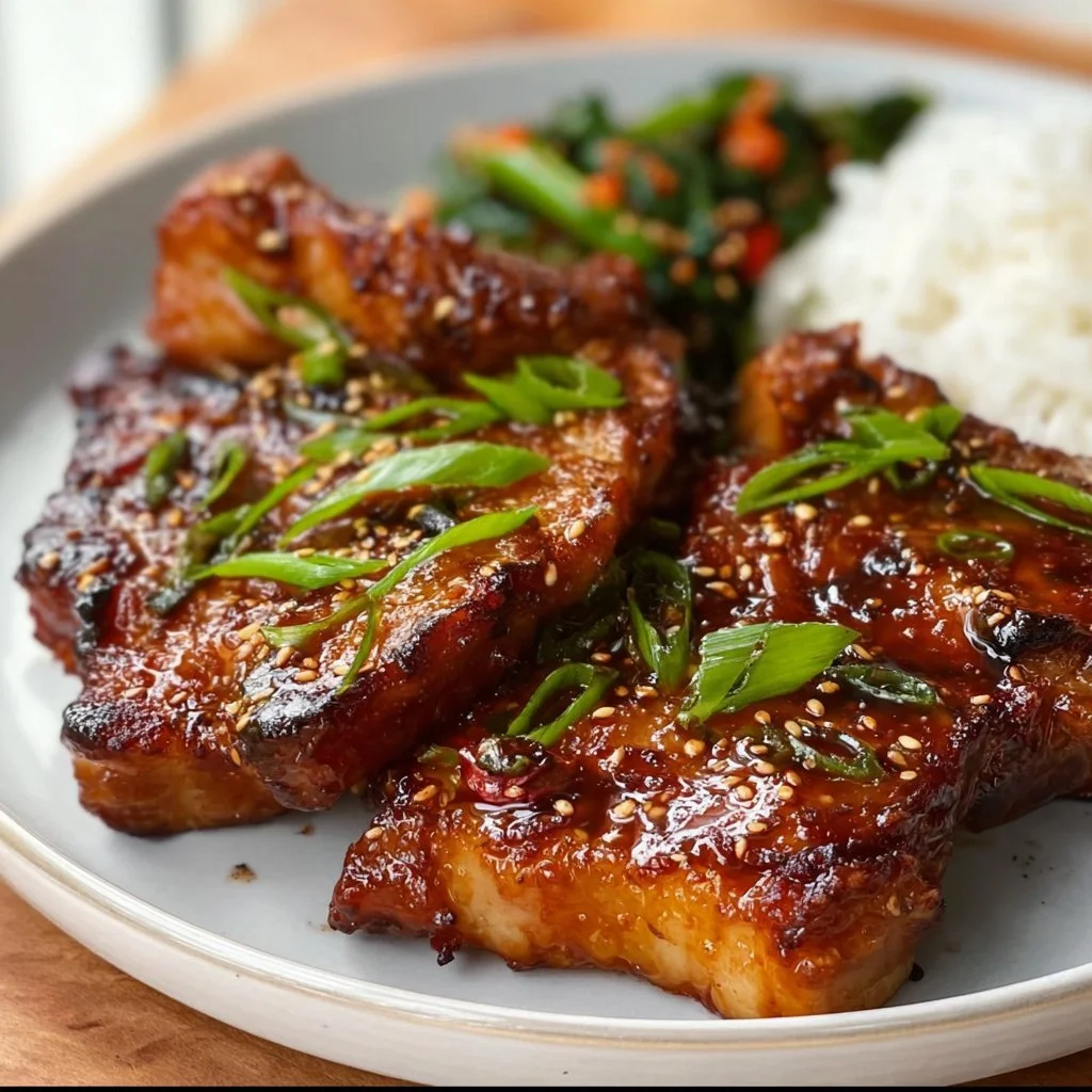 Delicious Savory Korean Pork Chops served with vegetables and rice