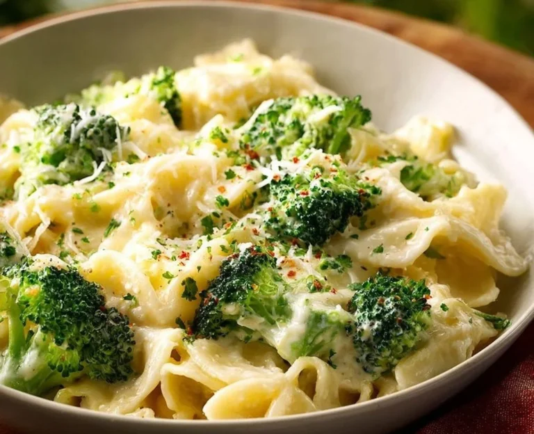 Creamy Cottage Cheese Alfredo pasta with broccoli in a bowl