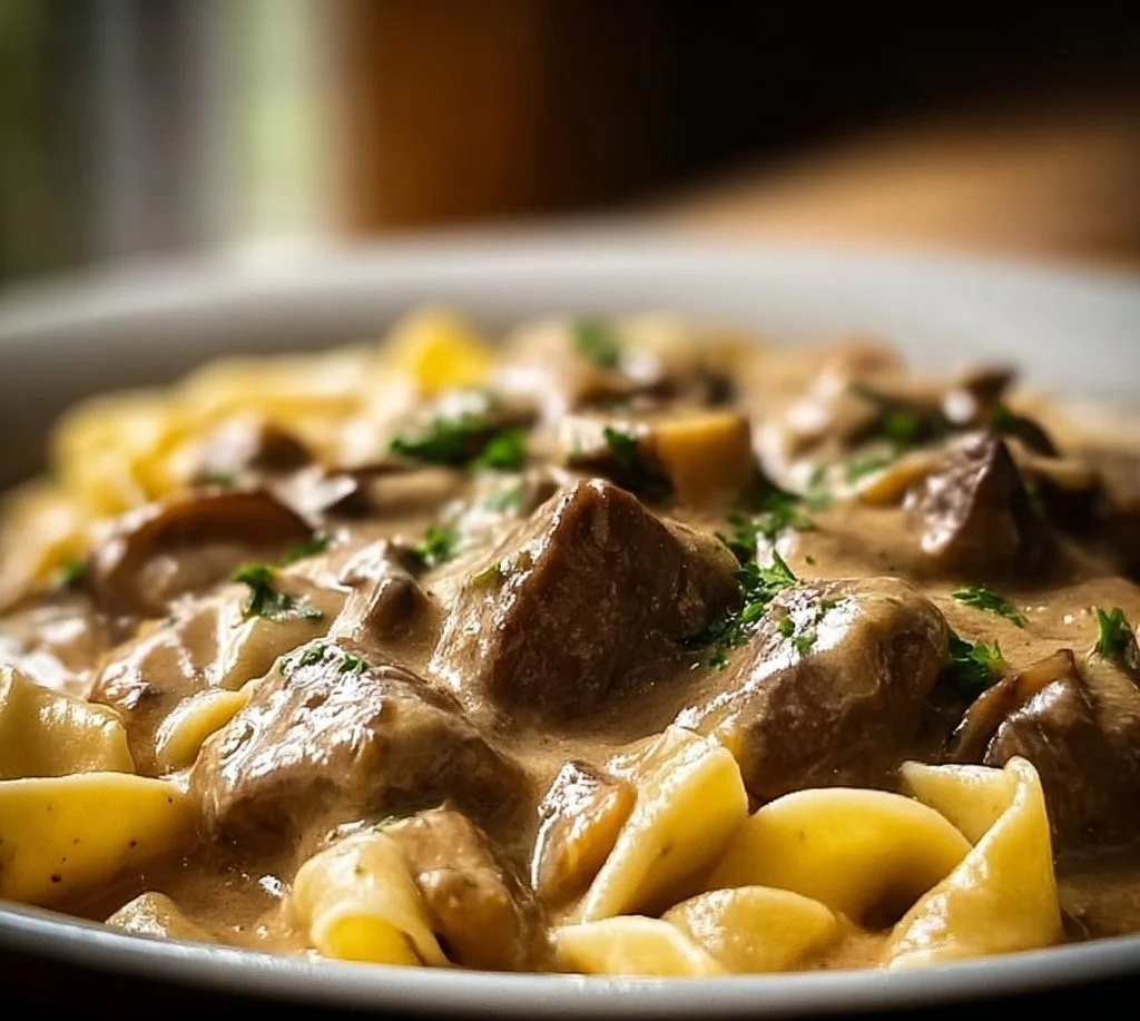 Delicious bowl of Slow Cooker Beef Stroganoff with creamy sauce and mushrooms