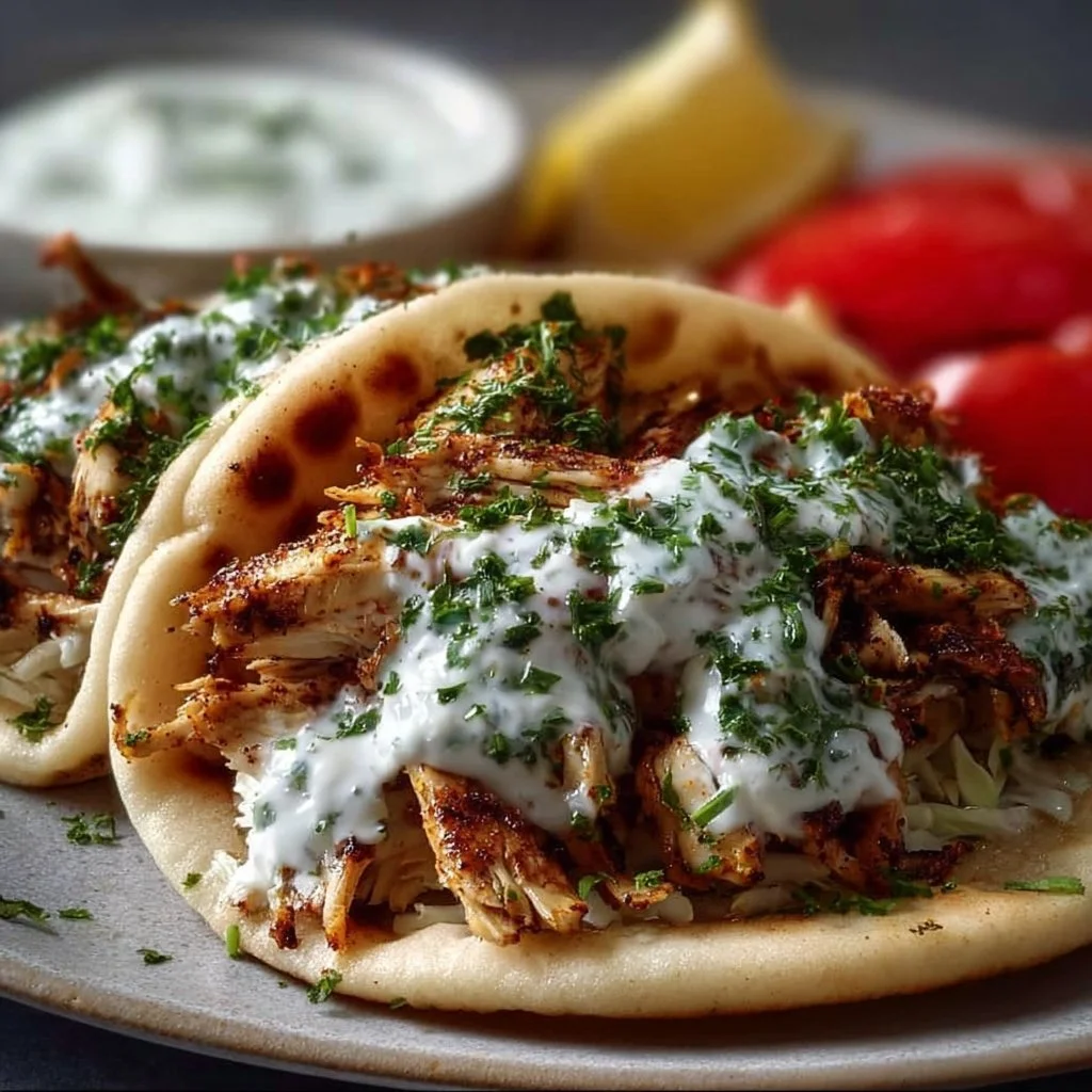 Delicious slow cooker chicken gyros served with tzatziki sauce and fresh toppings.