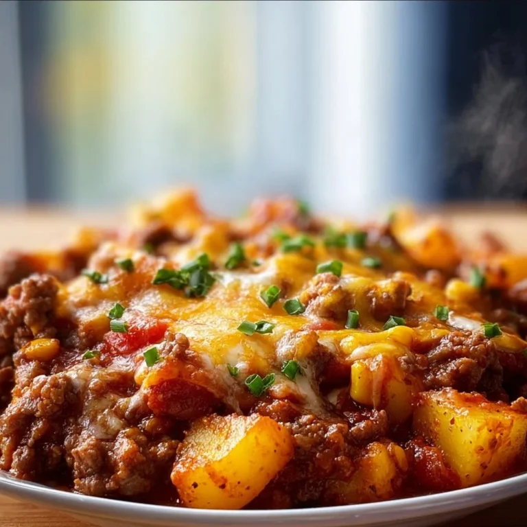 Delicious slow cooker cowboy casserole topped with cheese and veggies
