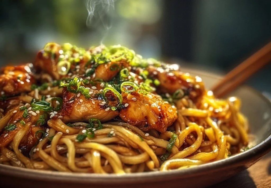 Bowl of sticky garlic chicken noodles garnished with green onions