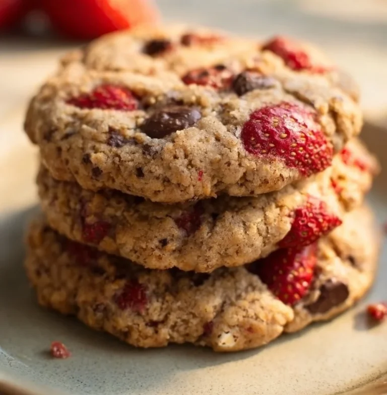 Freshly baked strawberry cookies on a rustic wooden table