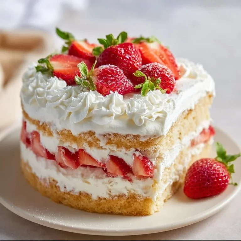 Delicious Strawberry Shortcake Cake topped with fresh strawberries and whipped cream