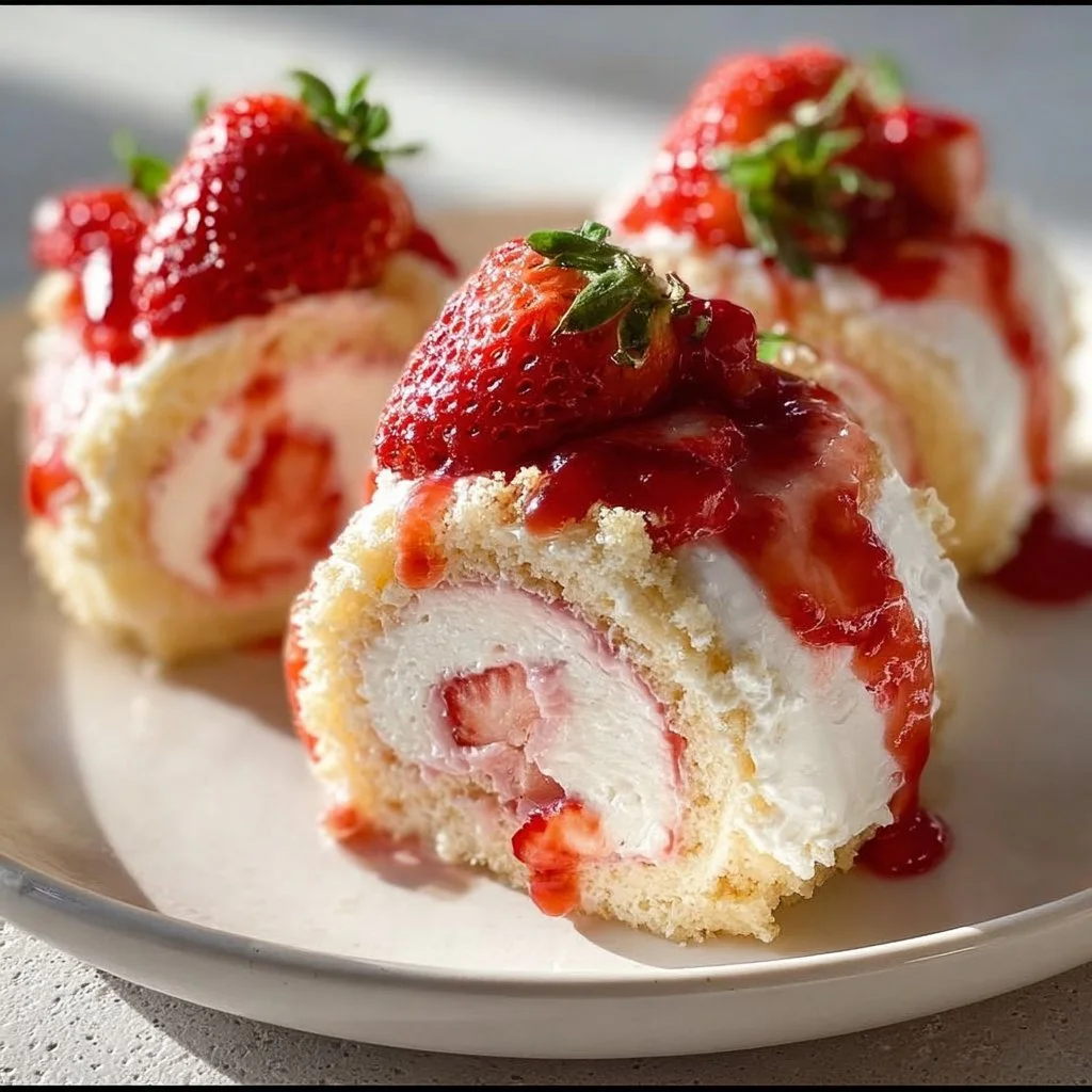 Delicious strawberry shortcake cheesecake rolls with creamy filling and fresh strawberries