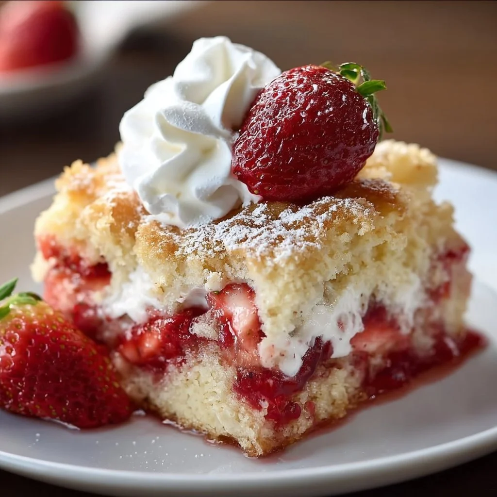 Delicious Strawberry Shortcake Dump Cake topped with fresh strawberries and whipped cream