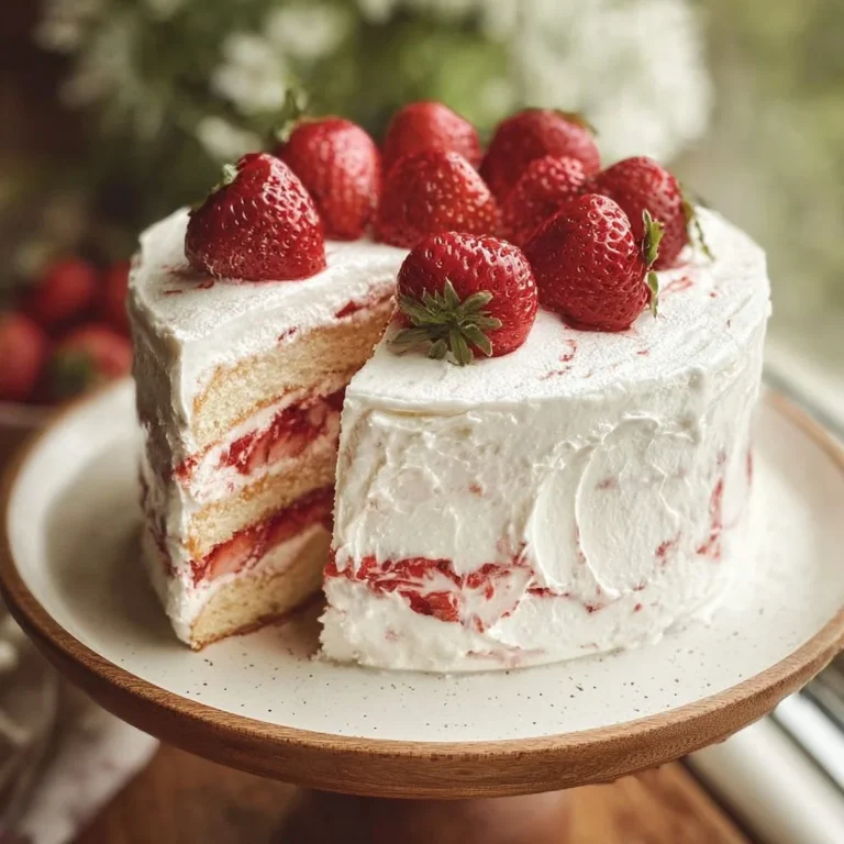 Strawberry Shortcake Layer Cake with fresh strawberries and cream frosting