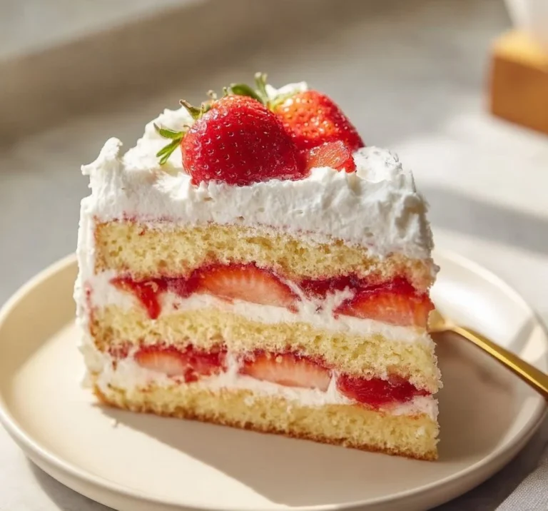 Strawberry shortcake layered cake with fresh strawberries and whipped cream