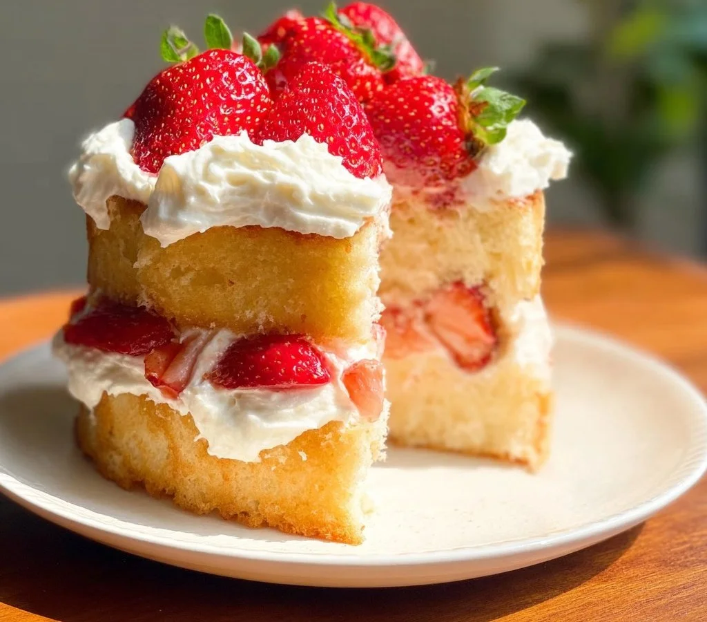 Delicious strawberry shortcake layered with pound cake and fresh strawberries