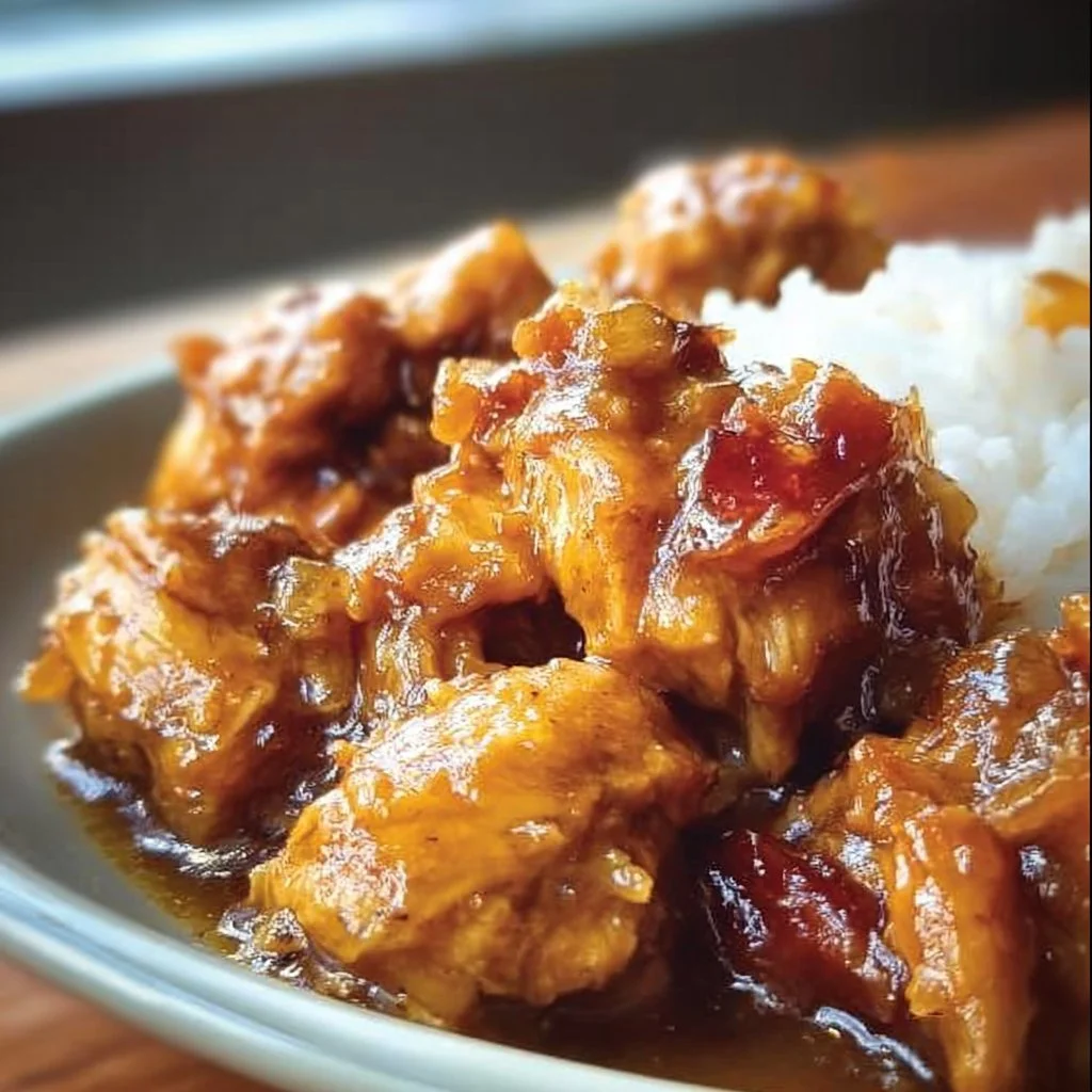 Sweet Hawaiian Crock Pot Chicken served with rice and garnished with green onions