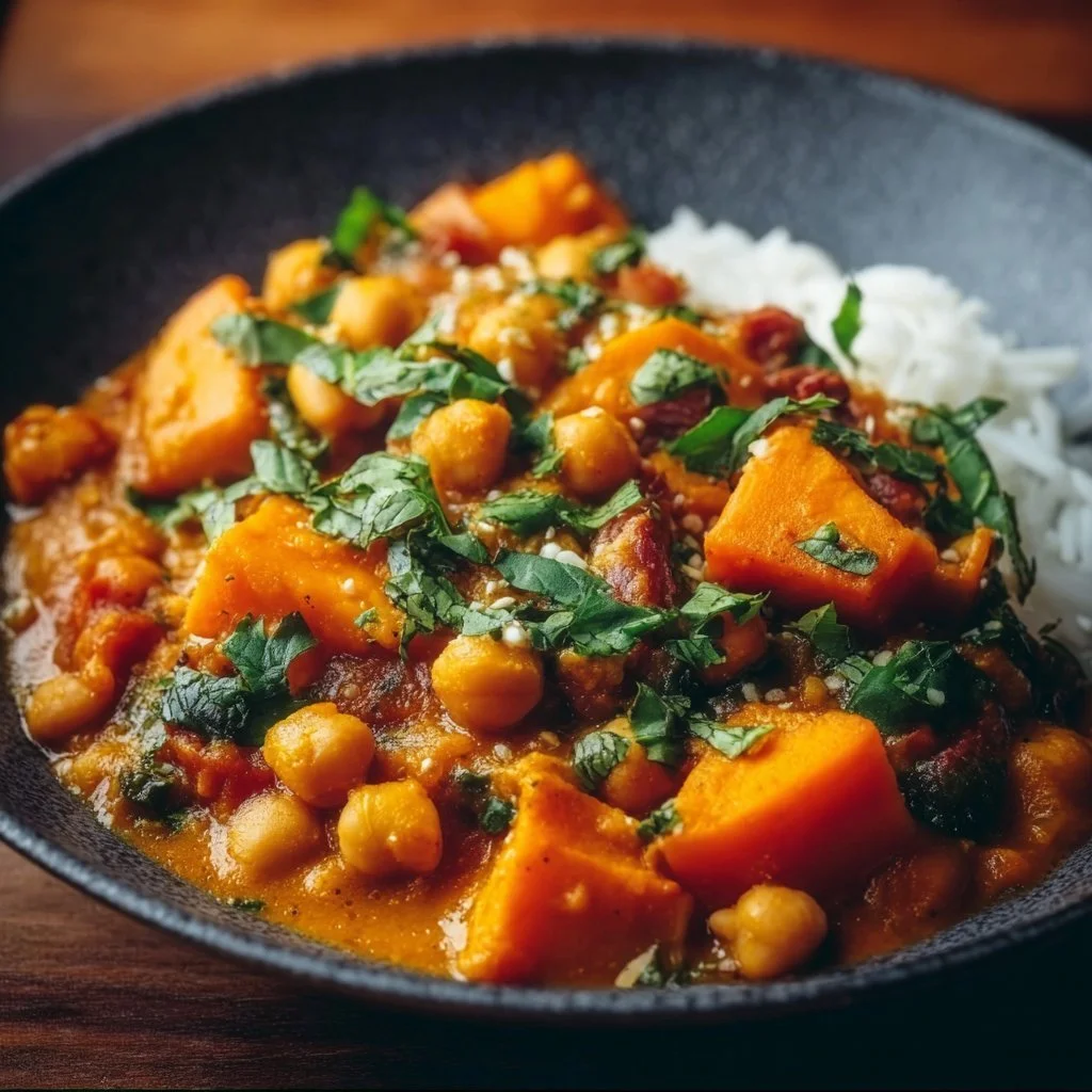 A delicious bowl of sweet potato and chickpea curry garnished with fresh herbs.