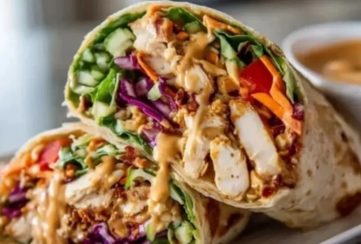 Delicious Thai peanut chicken wraps with fresh vegetables and savory sauce